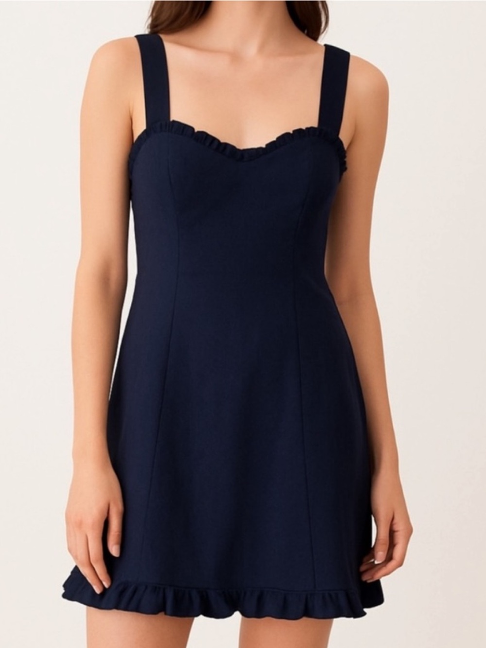 Aqua NEW Sleeveless Navy Mini Dress  Ruffle Trim Bows Linen Blend Women L Summer